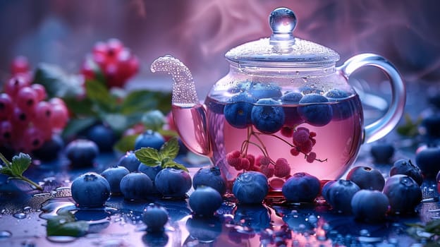 Glass teapot with berry infusion surrounded by fresh blueberries and raspberries