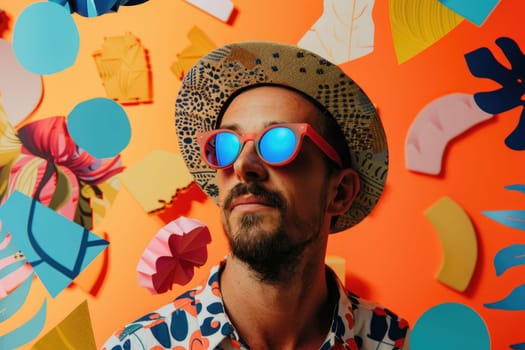 A man with a hat and sunglasses is surrounded by various shapes and colors