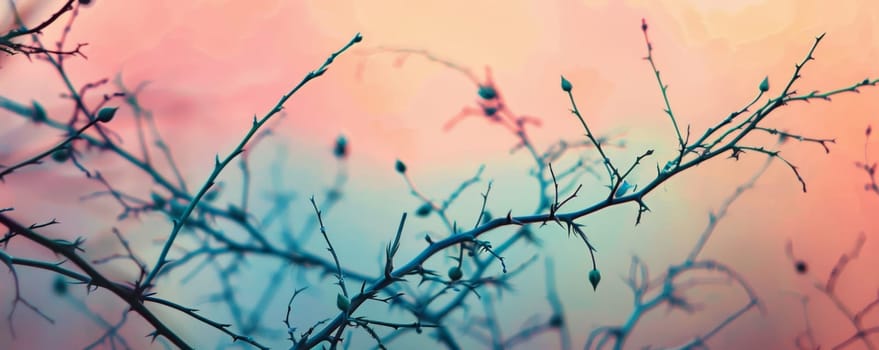 Blurry of flower thorns are showcased with out leaves in focus.
