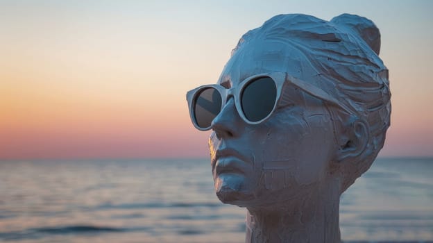 Sculpture of a woman's head with sunglasses at sunset