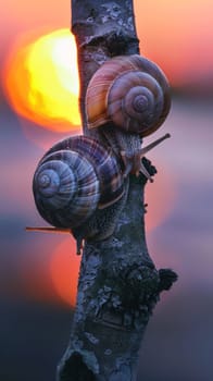 Two snails on a tree branch against a sunset backdrop