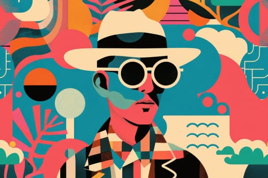 A man with a hat and sunglasses is surrounded by various shapes and colors