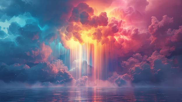 The painting depicts a sky filled with a rainbow of colors, where vibrant hues seamlessly blend together. Fluffy clouds are scattered across the canvas, adding depth to the skys colorful display.