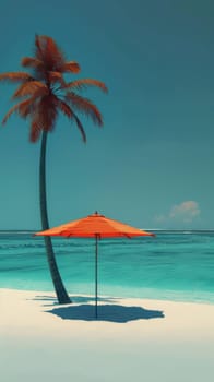 Orange beach umbrella and palm tree on a tropical beach