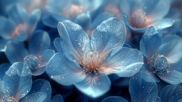 Close-up of an abstract scene featuring swirls of delicate blue flowers.