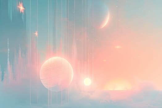 A colorful space scene with three planets and a sun. The sky is filled with clouds and the planets are floating in the sky