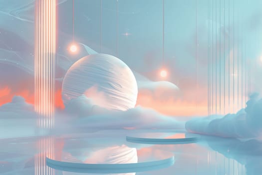 A space scene with a large white planet and a cloud of smoke. The planet is surrounded by a glowing orb and a few other orbs. The sky is filled with clouds and the water is calm. The scene is peaceful