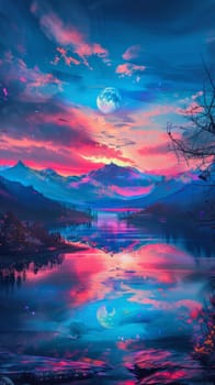 The sun is setting over a serene lake, casting a warm glow across the water. The sky is ablaze with hues of orange, pink, and purple, reflecting off the calm lake surface.