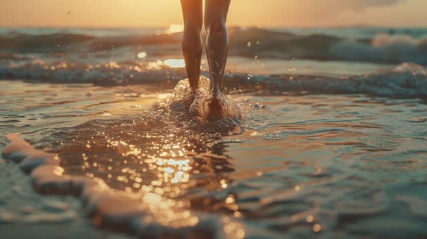 Person walking barefoot on the beach at sunset
