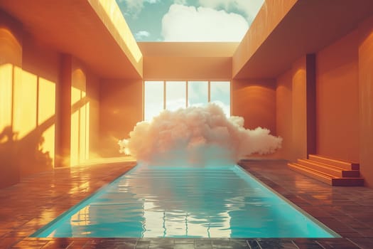 A cloud of smoke is floating above a pool. The pool is surrounded by a yellow room with windows. Scene is dreamy and surreal