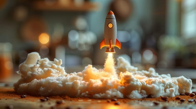 Toy rocket launching amidst coffee beans and clouds of cream