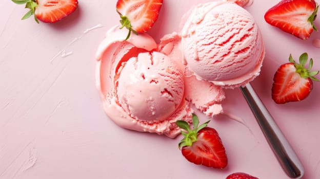 Two scoops of creamy vanilla ice cream topped with fresh strawberries are elegantly presented on a vibrant pink background. The strawberries glisten with moisture, contrasting beautifully against the rich white of the ice cream.