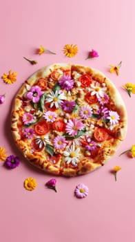 Pizza topped with flowers on pink background.