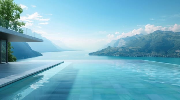 A wide shot of an infinity pool overlooking a stunning landscape, like mountains or the ocean