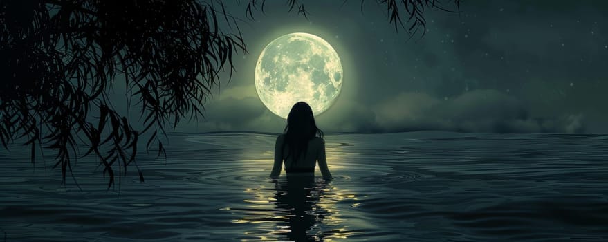 Woman silhouetted against moonlit night by the lake.