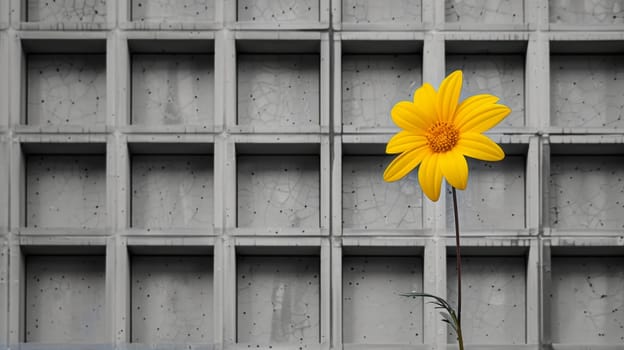 A bright yellow flower stands alone in front of a grey concrete wall, creating a stark contrast between nature and urban surroundings. The vibrant petals of the flower pop against the dull backdrop.