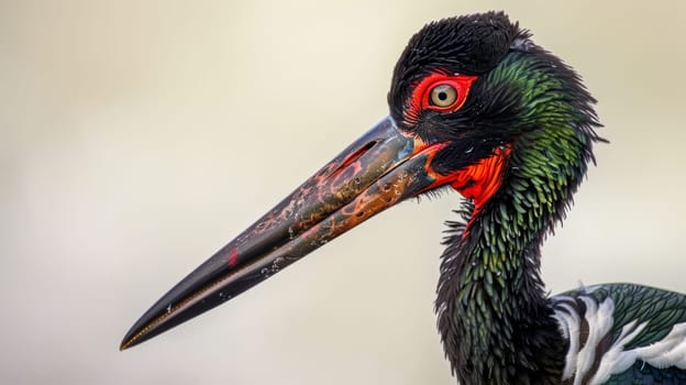 Close-up portrait of a black stork with vibrant red eye and iridescent feathers