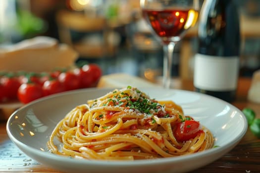 A plate of spaghetti with red sauce and cheese on top. A wine glass is next to the plate