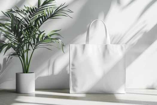 A white bag is sitting in front of a potted plant. The scene is simple and clean, with the white bag and plant being the main focus