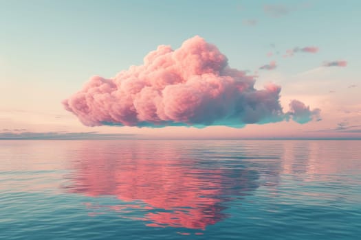 A pink cloud floating over the ocean. The sky is blue and the water is calm. Concept of tranquility and serenity