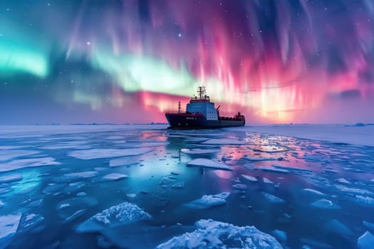 Solitary cargo ship glides through icy Arctic waters under a vibrant display of the Aurora Borealis