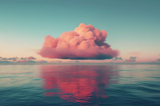 A large pink cloud floating over the ocean. The sky is a beautiful blue color