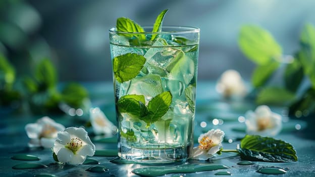 Glass of refreshing mint drink with ice cubes and white flowers