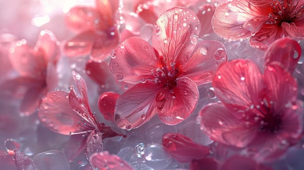 A cluster of pink flowers with delicate petals glisten under the sunlight as water droplets cling to their surfaces. The droplets create a mesmerizing effect, adding a refreshing touch to the vivid blooms.