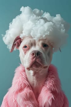 A dog is wearing a pink fur coat and a white cloud wig. The dog has a serious expression on its face