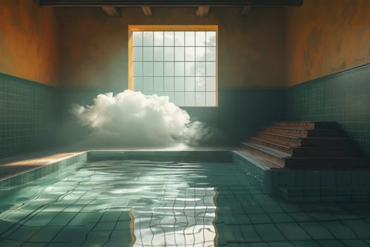 A cloud is floating above a swimming pool. The pool is surrounded by a green wall and a wooden staircase. Scene is calm and peaceful, as the cloud seems to be floating above the water