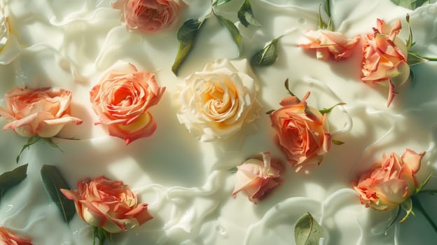 A pink roses float on the surface of milk-infused water.