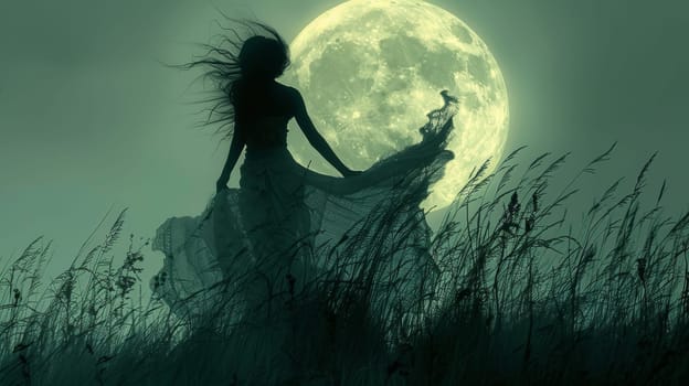 Silhouette of a woman under a full moon in a field