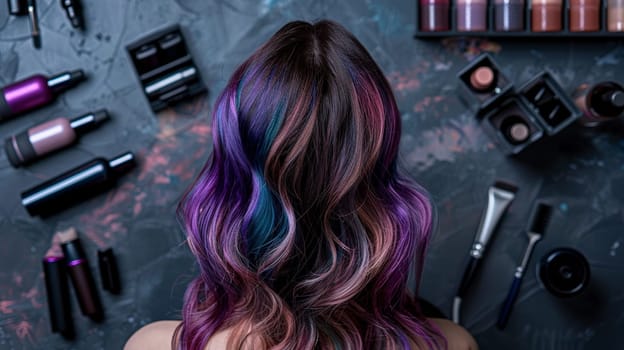 Woman with colorful dyed hair sitting at makeup table