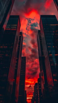 Dramatic red sunset between tall urban skyscrapers