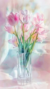 Watercolor pink tulips in a vase.