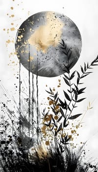 A stunning black and gold painting of a circle with decorative leaves, inspired by nature and art, set against a clean white background