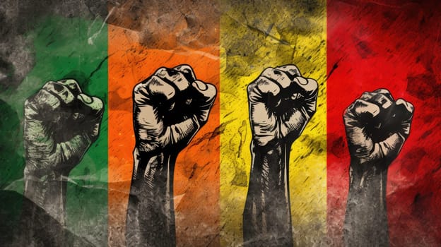 Raised fists drawing on stone wall in the colors yellow, green, and red. Juneteenth Freedom and African liberation day. Black life matters. Black history month