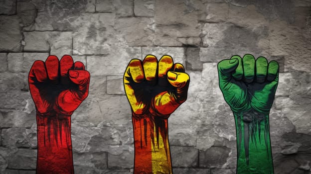 Raised fists drawing on stone wall in the colors yellow, green, and red. Juneteenth Freedom and African liberation day. Black life matters. Black history month