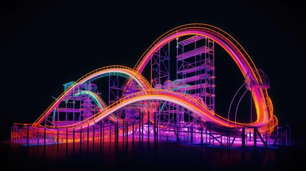 Amusement park with roller coaster at night with bright colorful neon lights.