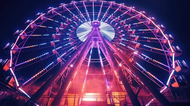 A Ferris wheel at an amusement park is lit up with rainbow colors at night. The Ferris wheel is in focus, and the background is blurry. The Ferris wheel is isolated on a black background.