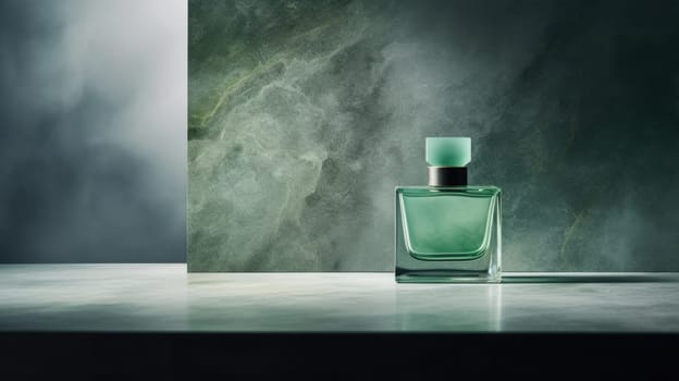Transparent green glass perfume bottle mockup on pedestal with minimalist background. Eau de toilette. Mockup, spring flat lay
