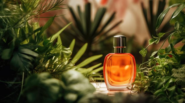 Transparent orange glass perfume bottle mockup with plants on background. Eau de toilette. Mockup, spring flat lay