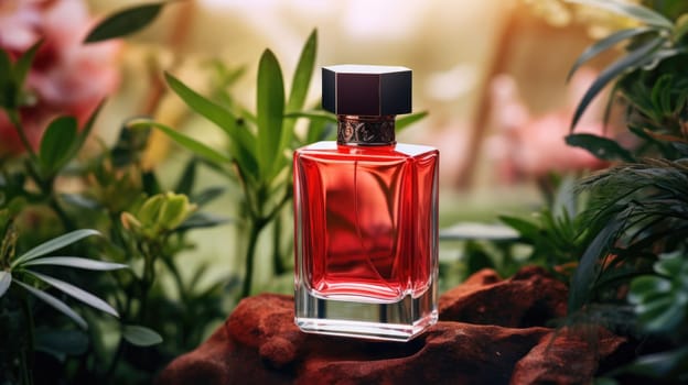 Transparent red glass perfume bottle mockup with plants on background. Eau de toilette. Mockup, spring flat lay