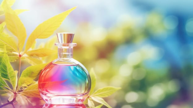 Transparent rainbow glass perfume bottle mockup with plants on background. Eau de toilette. Mockup, spring flat lay