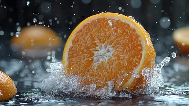 A close-up view of an orange fruit being splashed with water, creating droplets on its skin. The water splashes create a refreshing and vibrant image of the citrus fruit.