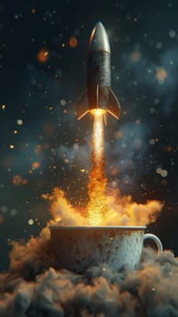 Rocket launching from a coffee cup amidst glowing particles