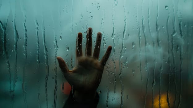 Silhouette of a hand pressing against a rain-drenched window
