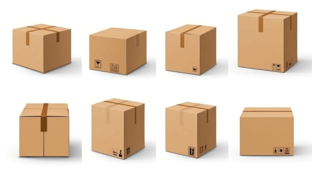A set of cardboard boxes with different sizes and shapes. The boxes are all brown and have a white background