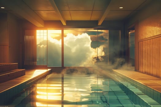 A pool with a cloudy sky in the background. The sky is filled with clouds and the sun is setting