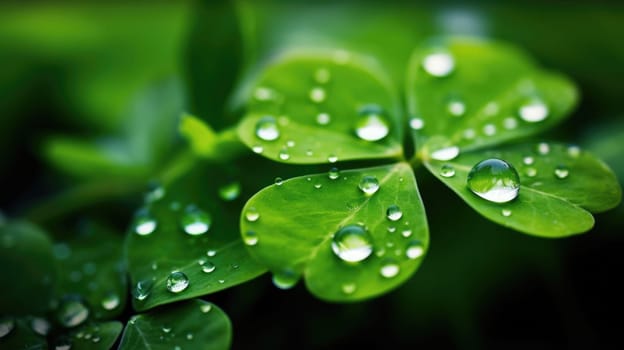 Macro view of green four-leaf clover with morning dew with blurred background, St. Patricks Day luck